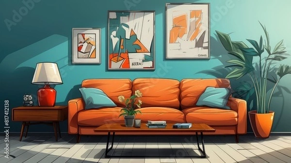 Obraz Living Room background flat design top view eclectic art lover theme cartoon drawing Complementary Color Scheme
