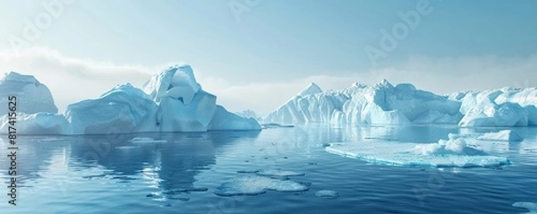 Fototapeta Melting polar ice caps with water levels rising. The serene blue icebergs and calm water reflect a clear sky, highlighting the beauty and fragility of polar regions affected by climate change.