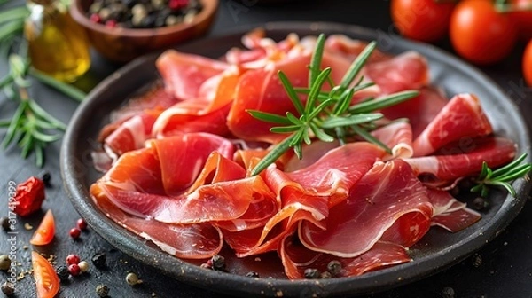 Fototapeta Slices of prosciutto di parma or jamon serrano (iberico) on a black plate