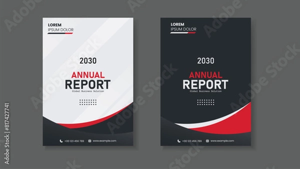 Fototapeta Two vertical annual report covers with red and white stripes, suitable for financial reports or business presentations with a modern design.