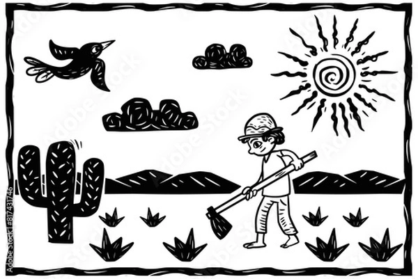 Fototapeta Country man plowing the land in the backlands. Woodcut style.