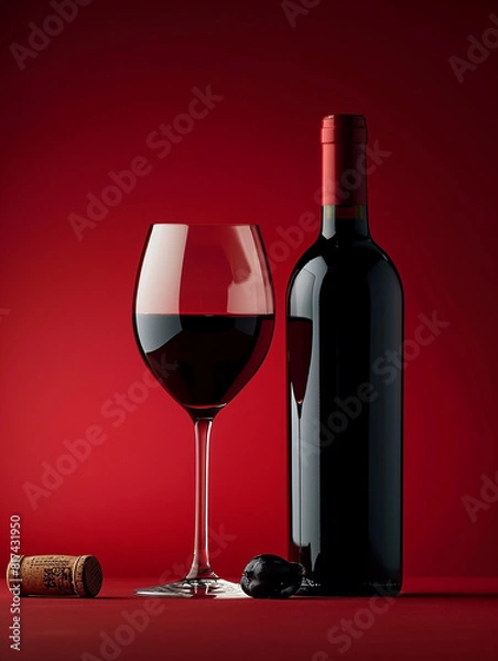 Fototapeta Photo of red , dark wine glass with wine bottle on the table