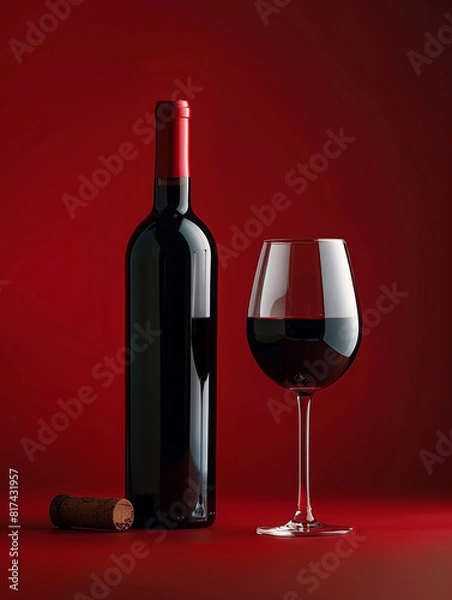 Fototapeta Photo of red , dark wine glass with wine bottle on the table
