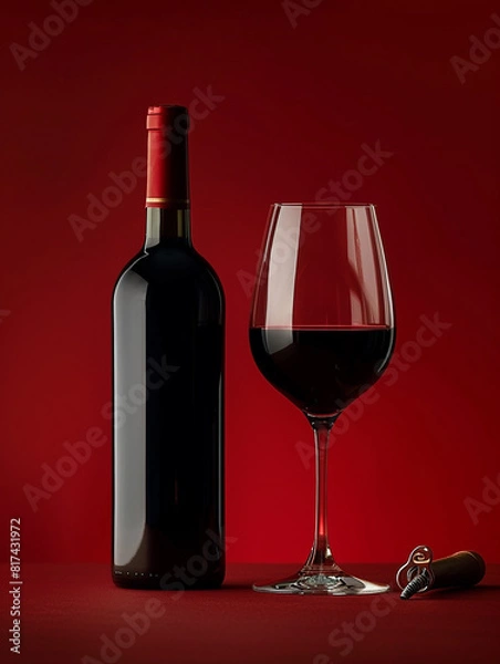Fototapeta Photo of red , dark wine glass with wine bottle on the table