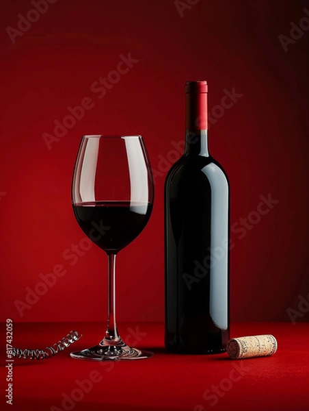 Fototapeta Photo of red , dark wine glass with wine bottle on the table