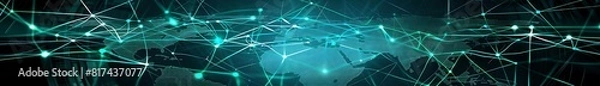 Fototapeta An abstract image of global networking with interconnected blue and green dots on a world map background