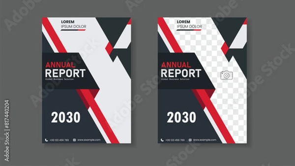 Fototapeta Two vertical annual report covers with red and white stripes, suitable for financial reports or business presentations with a modern design.