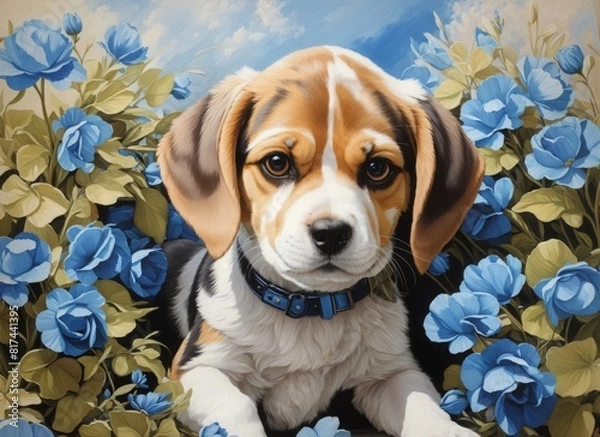 Fototapeta Adorable Beagle dog breed painting cute puppy with collar surrounded by blue flowers and an abstract blue background