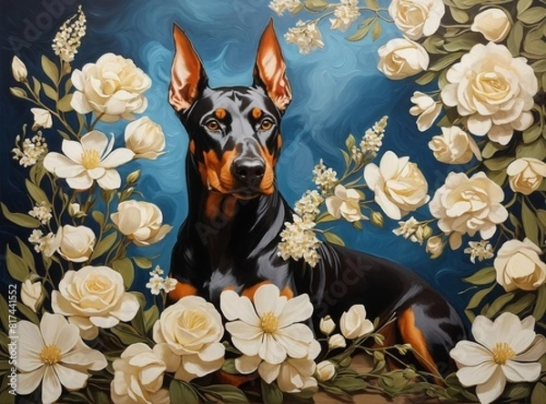 Fototapeta Painting of Doberman Pinscher breed dog sitting down surrounded by several blooming white flowers and a blue background