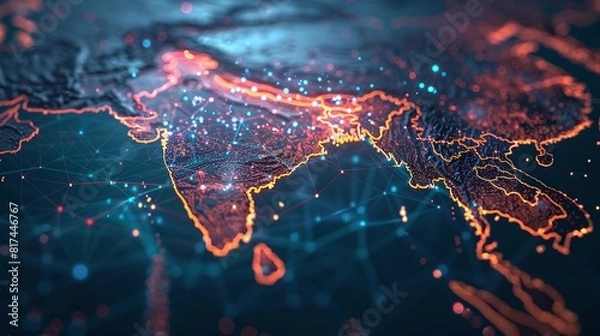 Fototapeta Stunning 8k stock photo of a India map with glowing network connections. Ideal for business, cyber technology, IoT concepts, and cityscape data transfer themes.