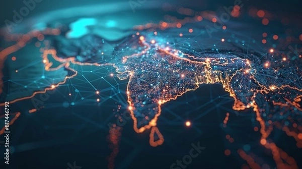 Fototapeta Stunning 8k stock photo of a India map with glowing network connections. Ideal for business, cyber technology, IoT concepts, and cityscape data transfer themes.
