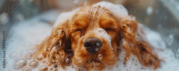 Fototapeta Capture a close-up shot of a fluffy, relaxed Cocker Spaniel getting a soothing lavender shampoo at the luxurious dog spa Highlight the bubbles and the dogs serene expression