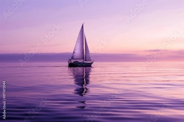 Fototapeta A lone sailboat drifting on calm waters, with the sails glowing in the light of the purple evening sky, Generative AI