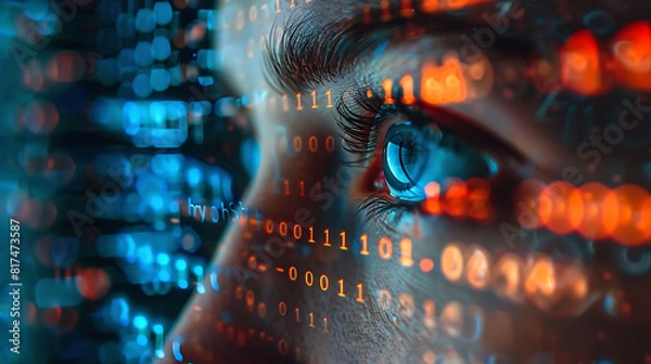 Obraz binary code and computer code overlay on face digital technology background