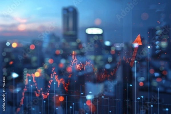 Fototapeta digital stock market graph arrow going up with city background Generative AI