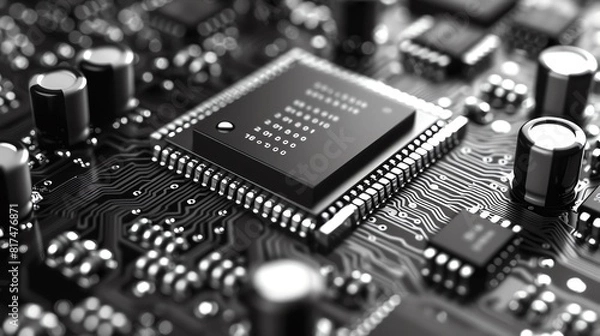 Fototapeta Closeup of hightech semiconductor components, emphasizing detail and precision in a monochromatic tone