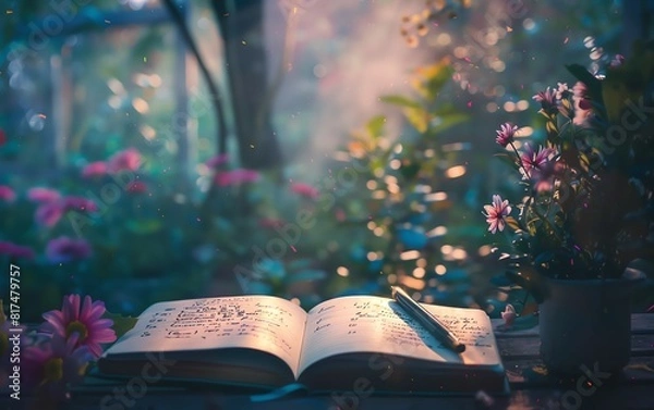 Fototapeta A bucket list with dreams and goals written in a journal, selective focus, aspirations theme, ethereal, Silhouette, a peaceful garden as backdrop