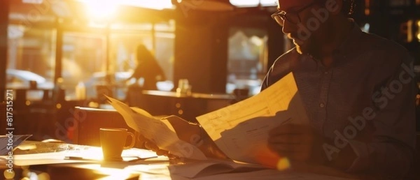 Fototapeta A startup founder holding a coffee cup while reviewing business plans, close up, entrepreneurship theme, dynamic, Silhouette, a bustling cafe as backdrop