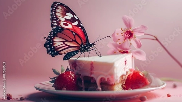 Fototapeta A butterfly is sitting on a piece of cake with strawberries on it. The image has a romantic and whimsical mood