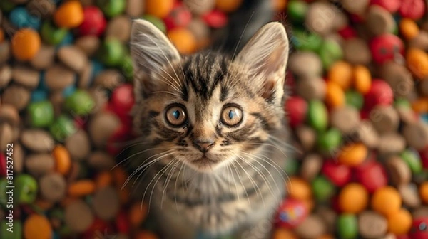 Fototapeta Lively Kitten Surrounded by Vibrant and Nutritious Pet Snacks in Close-up Composition