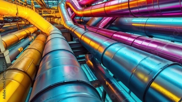 Fototapeta A series of pipes are shown in a variety of colors, with some being yellow, red