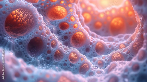 Fototapeta  Close-Up View Of Vibrant Red And Orange Cells With Intricate Textures Surrounded By Blue And Purple Porous Structures