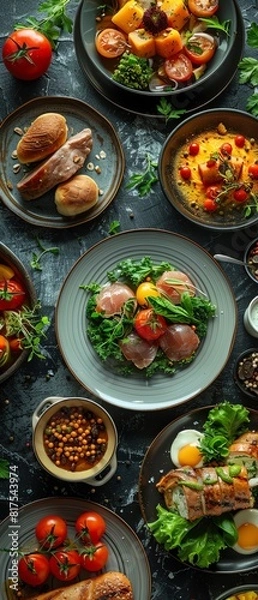 Fototapeta A variety of delicious and healthy breakfast options, including smoked salmon, eggs, avocado, and fruit.