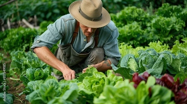Fototapeta Growth vegetable garden summer green color, man in hat tending his garden. copy space for text.