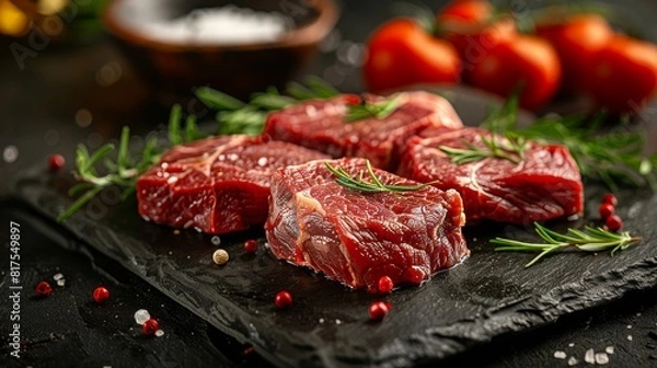 Fototapeta Intimate shot of premium goat steaks, showcasing each cut's unique characteristics for different culinary methods, on an isolated background with studio lighting