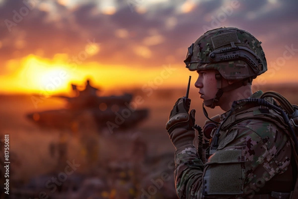 Obraz A soldier holding walkie talkies wearing a helmet and camouflage uniform on the battlefield at sunset