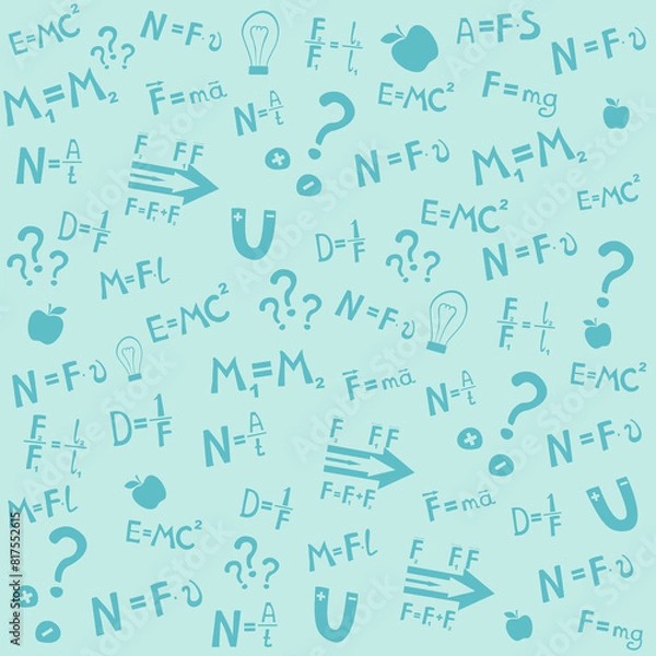 Fototapeta Higher education and studying online concept. Physics. Icons and formulas set.  School test or lab. Hand drawn doodle symbols. Spectrum, Magnetism, Mechanics. Science background. Vector