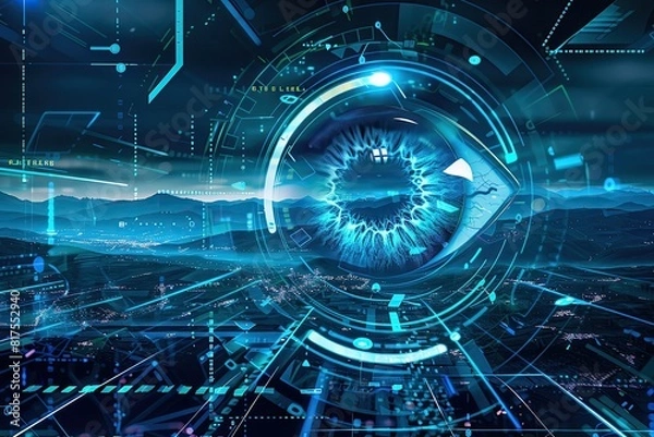 Fototapeta A cybernetic eye watching over a digital landscape, representing surveillance and trust in security, high-tech background, front view, advanced tone, cool color palette