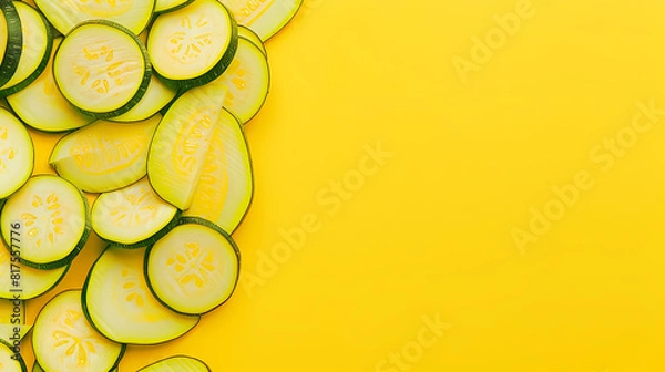 Fototapeta Fresh cucumber slices on yellow background