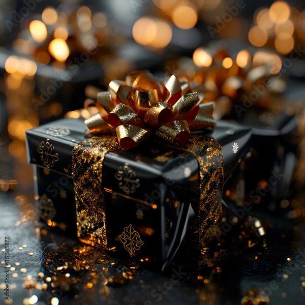 Fototapeta Black gift boxes with golden bow on dark background with bokeh.
