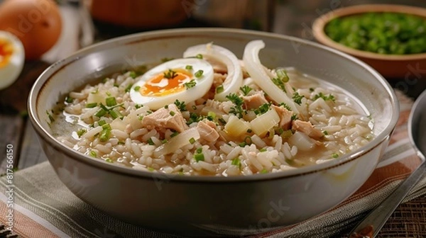 Fototapeta Arroz Caldo rice soup with chicken, garlic, onion and egg in a bowl. AI Generative