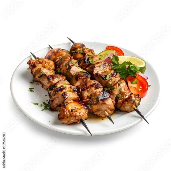 Fototapeta Shish Tawook on White Plate Isolated on White Background : Suitable for Be Used in Blog Posts, Social Media Posts or Website Content Related to Food and Beverages.
