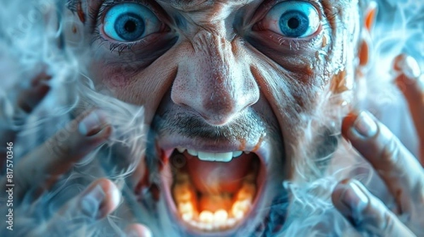 Obraz A man stands with his mouth open, appearing surprised or in shock