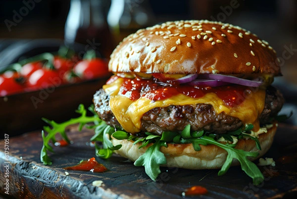 Fototapeta cheese burger with fresh salad and tomato sauce