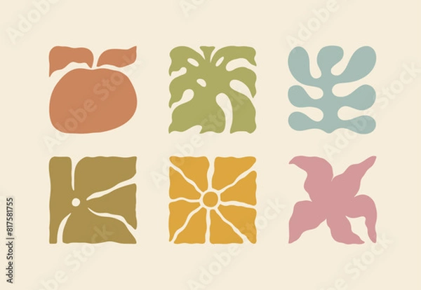 Obraz Boho Summer Beach Illustration Set. Groovy Geometric Palm Leaf, Coral and Flower. Vector Abstract Square Tropical Icons in Freehand Retro Style for Logo, Print, Pattern, Poster, Web Design