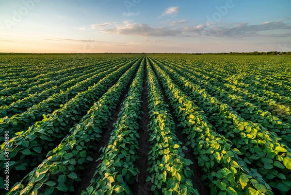 Fototapeta Vast agricultural field at sunset, showcasing rows of vibrant soybean green crops under a vast sky