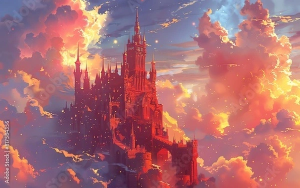 Obraz A grand red castle against a backdrop of colossal, glowing clouds, enchanted theme, whimsical, Multilayer, a vast open sky as backdrop