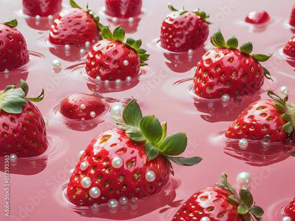 Fototapeta A close-up image of vibrant red strawberries floating in pink, glossy liquid with a few white pearls around them.