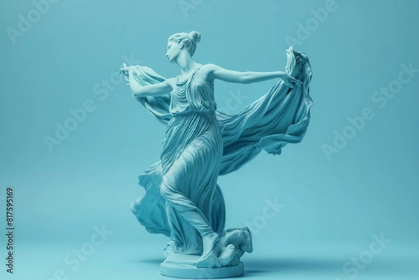Obraz 3d rendering of ancient greek -roman statue Dance performance  . Creative concept colorful neon image with teal- light blue color background, fashionable, trendy ,isolated background