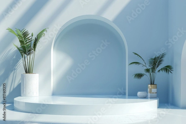 Fototapeta Minimalist 3D white and blue interior design background with an open space