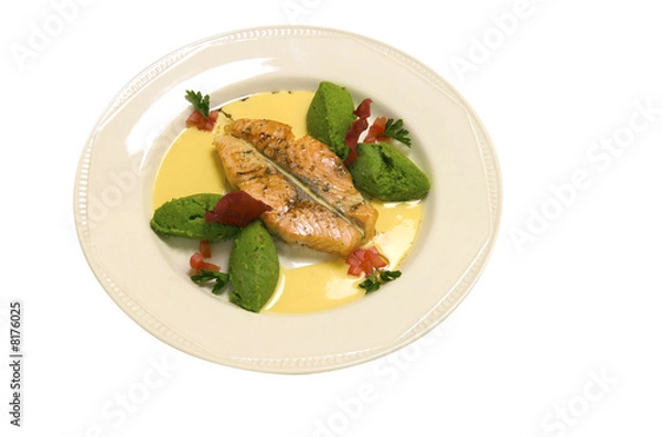 Fototapeta Salmon with the sauce and the green seasoning