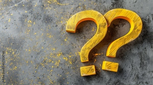 Fototapeta  A yellow question mark atop a cement floor, beside a puddle of dried yellow paint