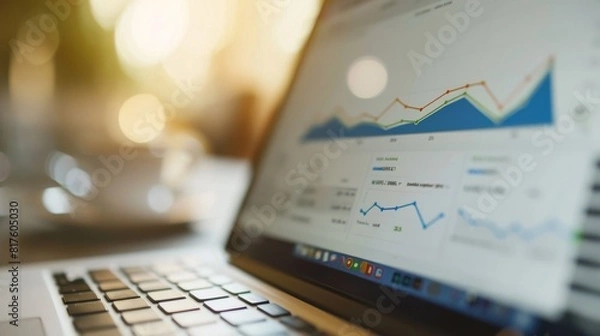 Fototapeta A laptop open on a desk displaying colorful financial charts and graphs, symbolizing data analysis and business planning