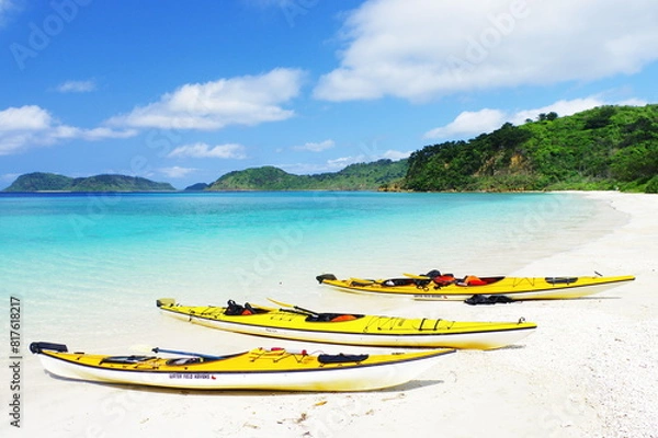Obraz 沖縄県西表島　船浮のイダの浜に停泊するシーカヤック
