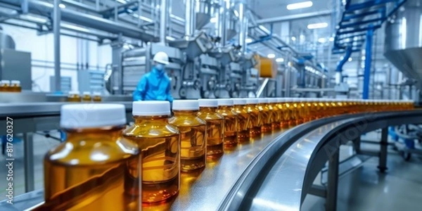 Fototapeta Bottles Moving on Conveyor Belt in Factory