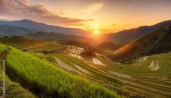 Obraz Misty Rice Terraces and Mountain Range